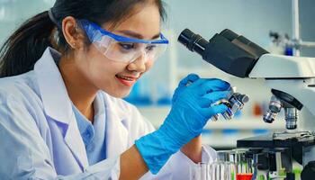 AI generated Scientist researcher using microscope in laboratory. Medical healthcare technology and pharmaceutical research and development concept. photo