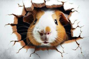 AI generated Cute guinea pig peeking out of a hole in wall for mockup. Generative AI photo