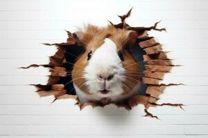 AI generated Cute guinea pig peeking out of a hole in wall for mockup. Generative AI photo