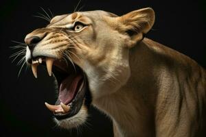 AI generated Close-up of an angry roaring lion ready to attack. Generative AI photo