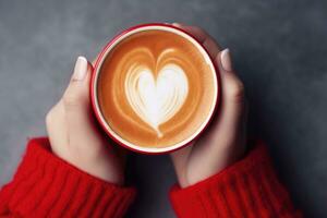 ai generado hembra manos participación un taza de café con corazón espuma . caliente café con un corazón. ai generativo foto
