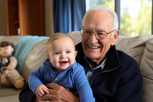 ai generado abuelo y parentesco divertido con un juguete , en vivo habitación. generativo ai foto