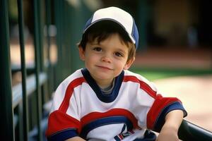 AI generated Autism. Child. Early signs of autism syndrome in children. wearing baseball suit. AI generative photo