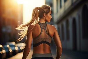 ai generado contento mujer trotar en ciudad, retrato de correr, sano estilo de vida concepto. ai generativo foto