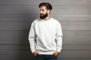 AI generated man wearing a white Blank mockup sweater . Generative AI photo