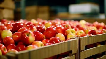 ai generado manzanas en un comida Procesando instalación, limpiar y Fresco en Tienda . generativo ai foto