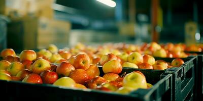 ai generado manzanas en un comida Procesando instalación, limpiar y Fresco en Tienda . generativo ai foto