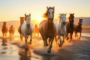 AI generated horses running on beach through sea water at sunset. generative AI photo