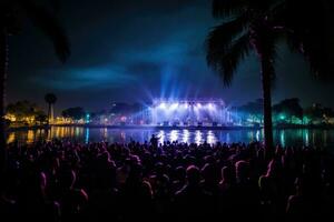 AI generated cheering crowd at concert in front of bright lights on beach . AI generative photo