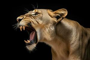 AI generated Close-up of an angry roaring lion ready to attack. Generative AI photo