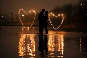 ai generado un Pareja de amor en pie en un vistoso noche antecedentes . generativo ai foto