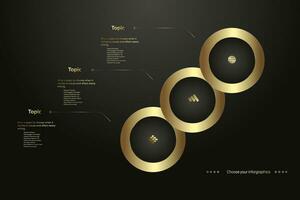 Three Gold circle buttons, premium banners, buttons on Dark background, Set of gold button in processing gold frame vector illustration