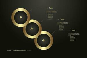 Three Gold circle buttons, premium banners, buttons on Dark background, Set of gold button in processing gold, vector illustration