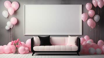 AI generated Baby shower girl pink balloons ai generated frame mockup living room photo