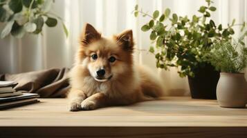 AI generated German spitz mittel on table houseplants ai generated background image photo