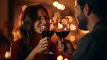 AI generated Red wine drinking couple on Valentine day ai generated background image photo