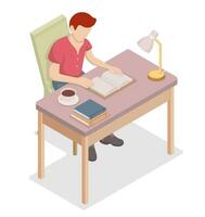 Man reading a book sitting at the table isometric vector. An intelligent reader enjoys literature or studies. vector