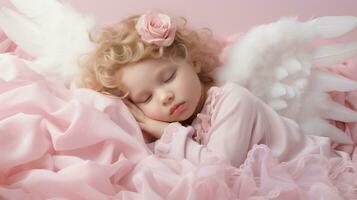 AI generated Blonde curly hair angelic girl sleeping ai generated background image photo