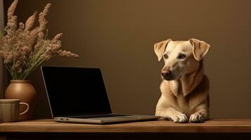 ai generado Labrador perdiguero mirando lado ai generado ordenador portátil modelo foto