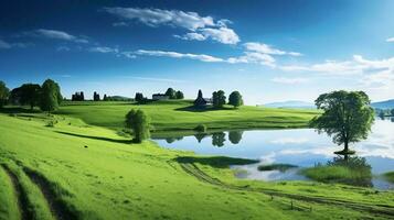 ai generado un hermosa verde campo con un lago y arboles foto