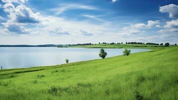 AI generated a beautiful green field with a lake and trees photo