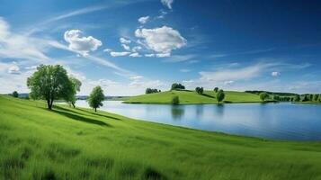 AI generated green grassy field with lake and trees photo