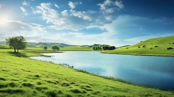 AI generated the lake is surrounded by green grass and trees photo