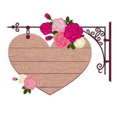 Hanging wooden sign in the shape of a heart. Textured wooden sign on a forged bracket decorated with flowers. A romantic heart sign with a place for congratulations on Valentine's Day or a wedding.