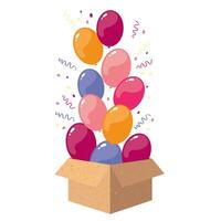 Colored helium balloons flying out of a cardboard box. Festive inflatable balloons. Illustrated vector clip