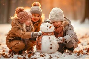 ai generado niños construir monigote de nieve fuera de en que cae nieve foto