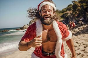 ai generado atractivo muscular joven hombre vistiendo un Papa Noel claus prenda corriendo a playa y sonriente a el cámara foto