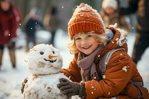 ai generado niño construir monigote de nieve en que cae nieve foto