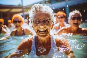 ai generado mayor contento mujer hacer agua aeróbicos en el interior piscina. grupo de mayor mujer a agua gimnasio sesión foto