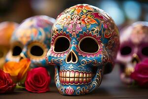 AI generated Bright calavera for the Day of the Dead holiday. Colorful Mexican skull as a symbol of Dia de los Muertos photo