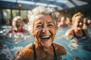 AI generated Elderly happy women do aqua aerobics in the indoor pool. Group of elder women at aqua gym session photo