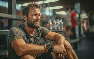 ai generado muscular atleta descansando Entre conjuntos y ejercicios en el gimnasio foto