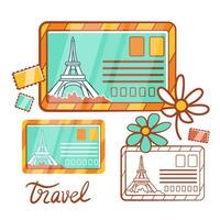 Vector composition on the theme of postcards and travel to Paris in a cute cartoon style.