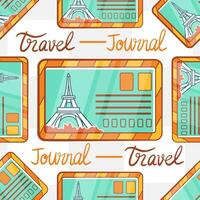 Vector pattern of travel postcards to Paris in a cute cartoon style.