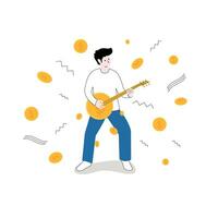 ilustración acerca de finanzas. inversión. interés. ilustración de un hombre jugando un guitarra y extensión dinero. vector