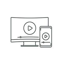 play video, screen mirroring with TV and smartphone line icon vector