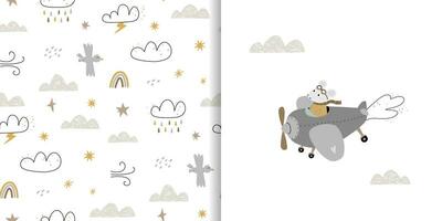 Seamless background and postcard with a cute mouse on the plane. Travel and adventure, flying among the clouds. vector