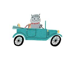 Cute hippo driving a retro car. Children's hand draw vector illustration.