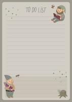 A template for simple planners and to-do lists for kids with cute illustrations in pastel colors with gnomes. Planners, schedules, agenda, checklists, and other baby stationery. vector