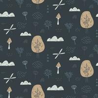 Seamless pattern with dragonfly, clouds, trees. Hand drawn forest pattern is endlessly repeating. Can be used for kids, covers, fabrics, wallpapers, home decor. Vector illustration