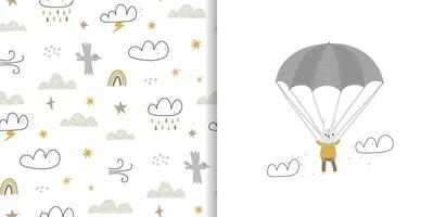 Seamless background and card with a cute bunny on a parachute. Travel and adventure, flying among the clouds. vector