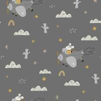 Seamless pattern with a cute mouse on the plane. Travel and adventure, flying among the clouds. vector