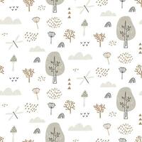 Seamless pattern with dragonfly, clouds, trees. Hand drawn forest pattern is endlessly repeating. Can be used for kids, covers, fabrics, wallpapers, home decor. Vector illustration