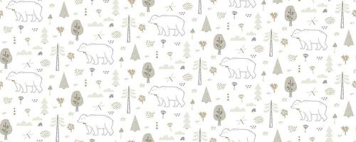 Seamless pattern with bear, dragonfly, clouds, trees. Hand drawn forest pattern is endlessly repeating. Can be used for kids, covers, fabrics, wallpapers, home decor. Vector illustration