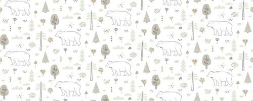 Seamless pattern with bear, dragonfly, clouds, trees. Hand drawn forest pattern is endlessly repeating. Can be used for kids, covers, fabrics, wallpapers, home decor. Vector illustration