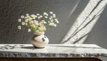 AI generated Scandinavian style, stone table and vase with tiny flowers, minimalist interior mockup photo